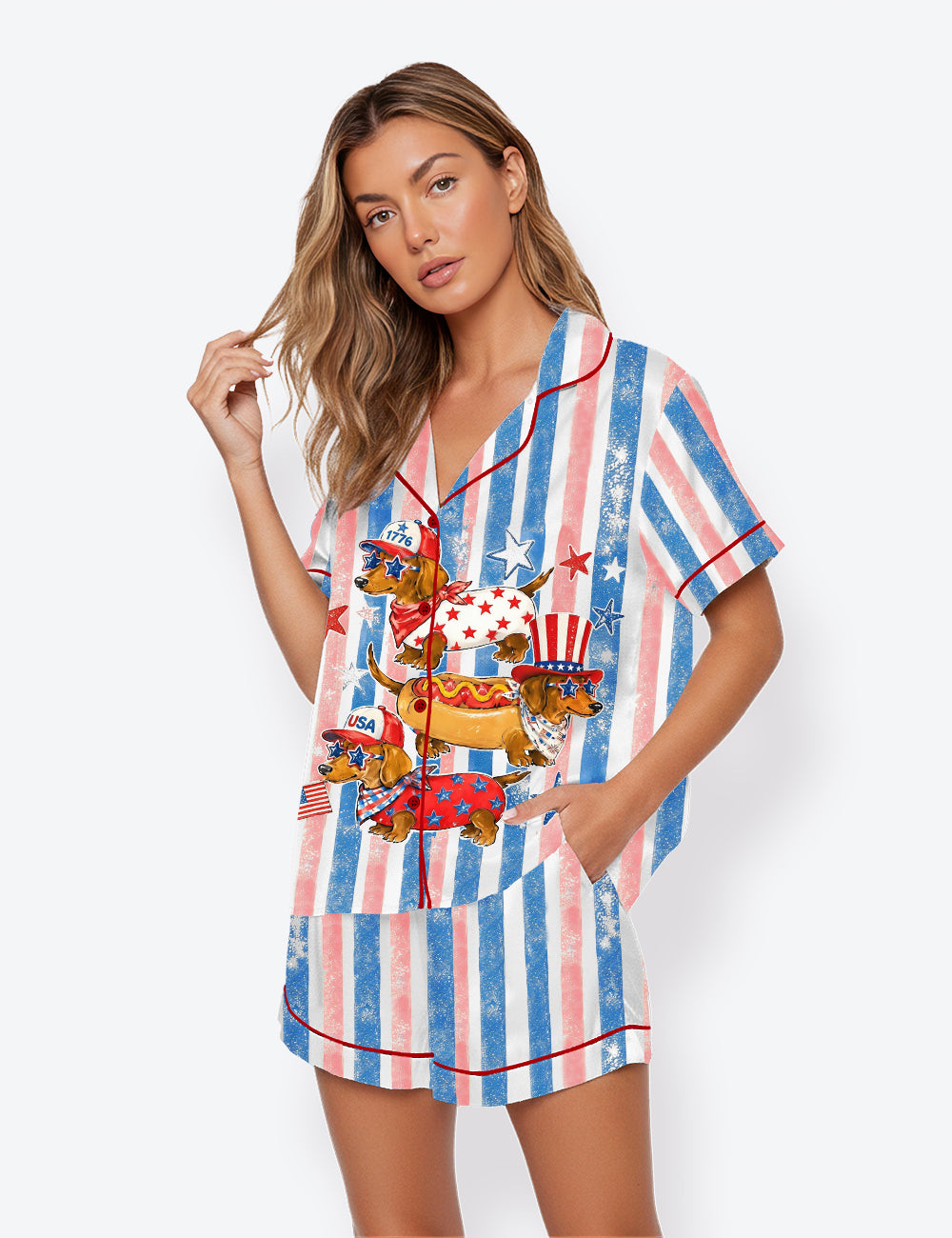 Women’s Striped Patriotic Dachshund 4th Of July Weiner Dog 250th Anniversary Short Sleeve Satin Pajama Set